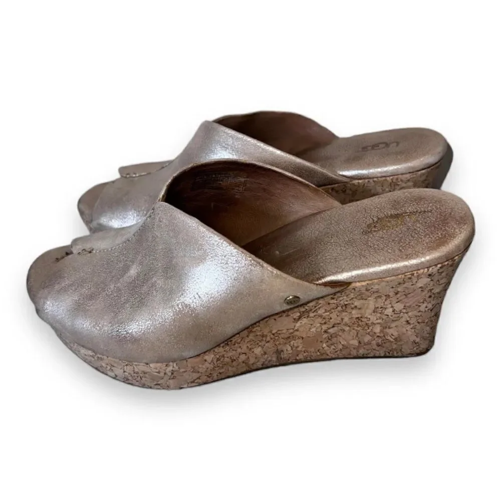UGG Australia Dominique Peep Toe‎ Gold Cork Wedge 1005109 Women's 7